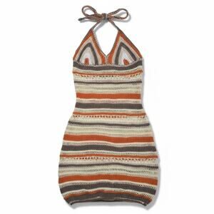 SHEIN Women’s Crochet Halter Bodycon Mini Dress Boho Striped – Size Large